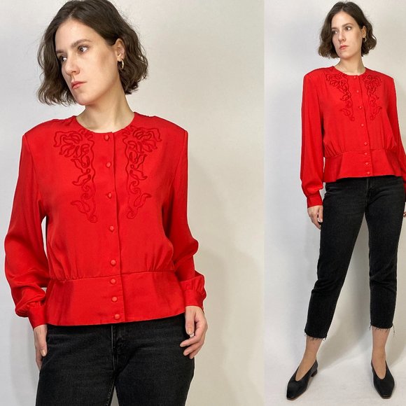 Vintage 80s Red SOUTACHE EMBROIDERED Peplum Top! Medium - Picture 1 of 7